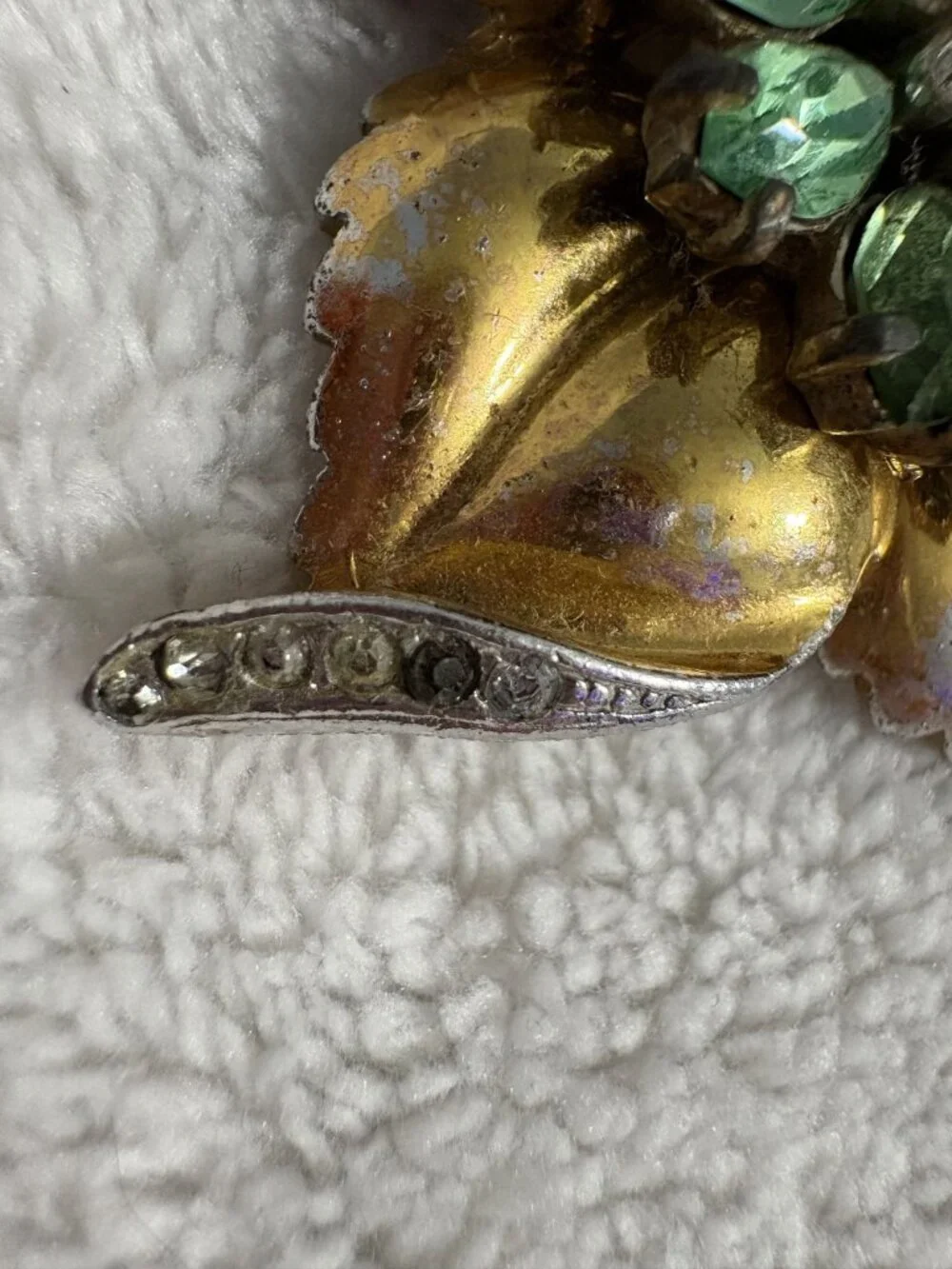 Vintage Mid Century Gold Tone Floral Brooch Green Marquise Rhinestone Flower Pin